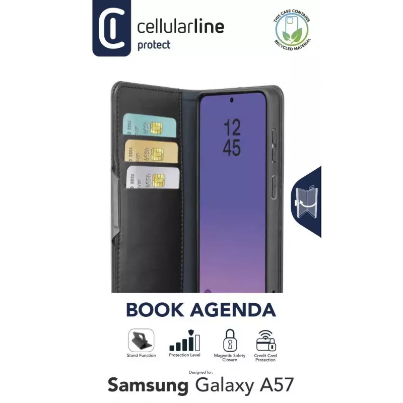 Cellularline Book Agenda 2 dėklas Galaxy A57 - knygos stiliaus dirbtinės odos dėklas su magnetiniu užraktu, stovo funkcija ir RFID/NFC apsauga bekontaktėms kortelėms
