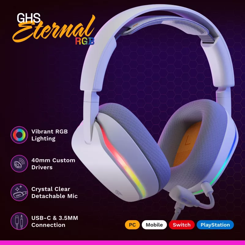 Glorious GHS Eternal RGB – Stereo RGB žaidimų ausinės, PC, PS5, PS4, Switch, baltos