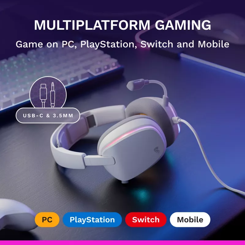 Glorious GHS Eternal RGB – Stereo RGB žaidimų ausinės, PC, PS5, PS4, Switch, baltos