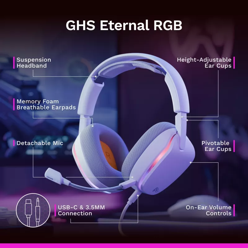 Glorious GHS Eternal RGB – Stereo RGB žaidimų ausinės, PC, PS5, PS4, Switch, baltos