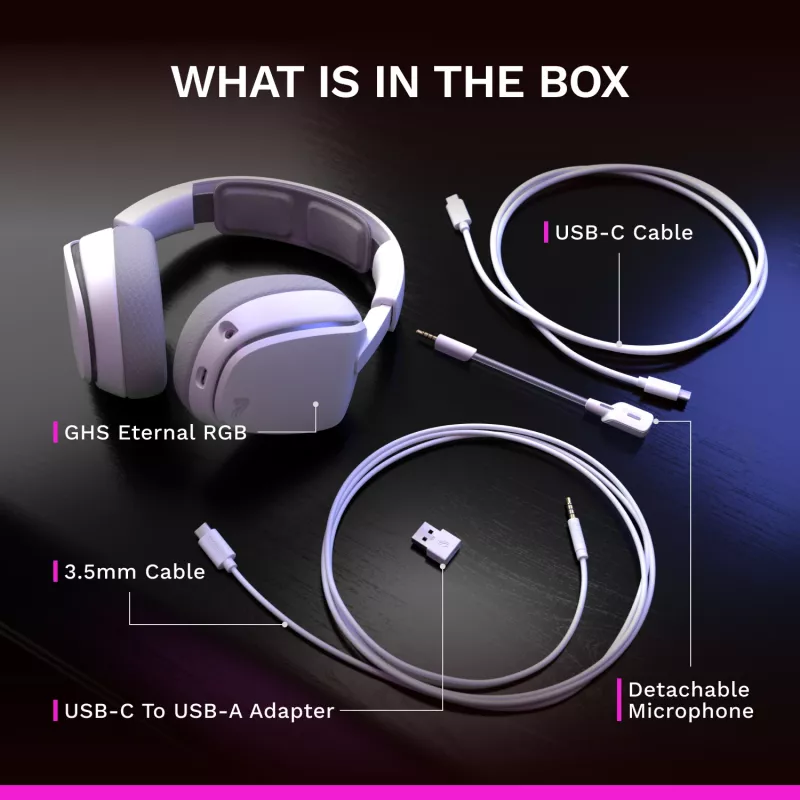 Glorious GHS Eternal RGB – Stereo RGB žaidimų ausinės, PC, PS5, PS4, Switch, baltos