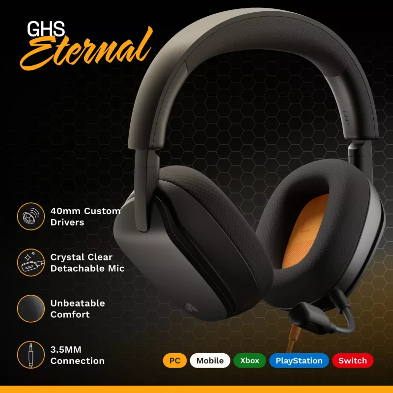 Glorious Gaming GHS Eternal – Stereo žaidimų ausinės, PC, PS5, PS4, Xbox, Switch, 3.5 mm, juodos