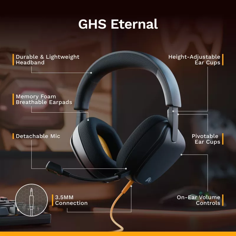 Glorious Gaming GHS Eternal – Stereo žaidimų ausinės, PC, PS5, PS4, Xbox, Switch, 3.5 mm, juodos