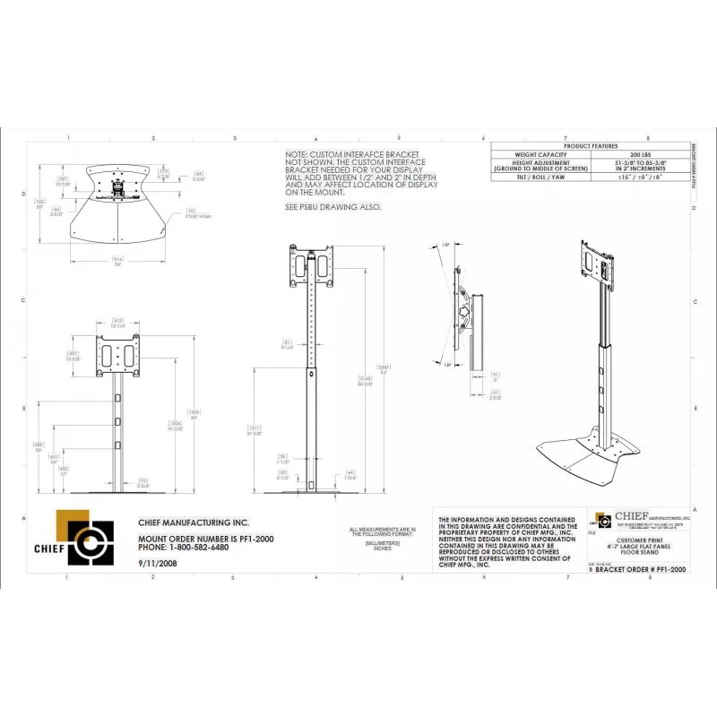 Pramoninis monitoriaus stovas Chief PF1UB 190,5 cm (75 inch) juodas