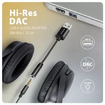 Axagon ADA-HA USB-A į 3,5 mm lizdą Hi-Res DAC garso adapteris, 384kHz/32bit, Stereo
