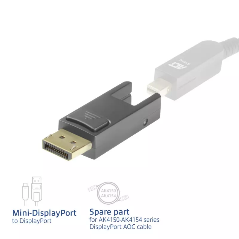 ACT keitiklis Mini DisplayPort į DisplayPort, skirtas DisplayPort aktyviems optimsiams kabeliams su atjungiamu jungtuku