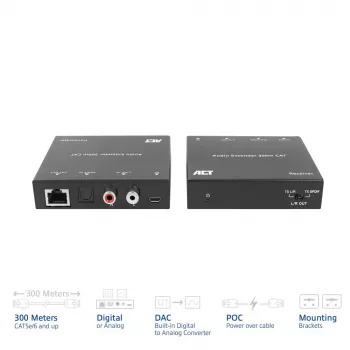 Garso praplėtimo rinkinys ACT AC7710 – skaitmeninis/analoginis per Cat5e/Cat6 su DAC, TOSLINK I/O, iki 300 m, 5V USB maitinimas