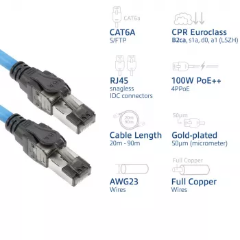 ACT Blue 50 m S/FTP CAT6A B2ca PoE++ 100 W vientisas surenkamasis instaliacinis kabelis, RJ45 kištukas – kištukas