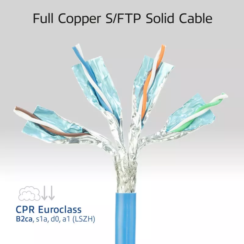 Parengtinis S/FTP Cat6A B2ca PoE++ 100W kabelis su RJ45 kištukais ACT FB0090, 90 m, vientisas laidininkas