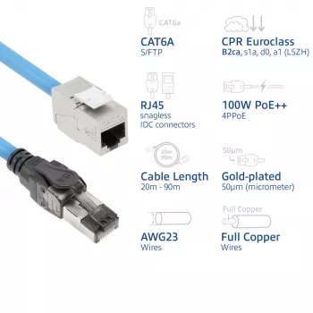 ACT Blue 40 m S/FTP CAT6A B2ca PoE++ 100 W vientisas montažinis kabelis, RJ45 kištukas – lizdas