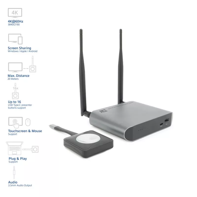 ACT Aero 4K belaidė prezentacijų sistema, stalinis, juoda, pilka, 3840 x 2160, 2160p, USB Type-C, USB
