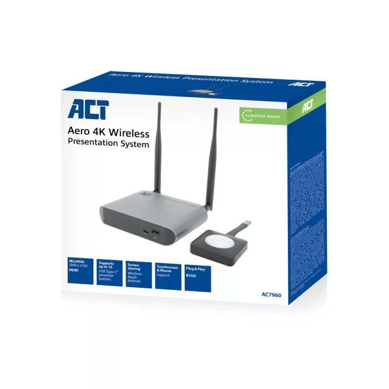 ACT Aero 4K belaidė prezentacijų sistema, stalinis, juoda, pilka, 3840 x 2160, 2160p, USB Type-C, USB
