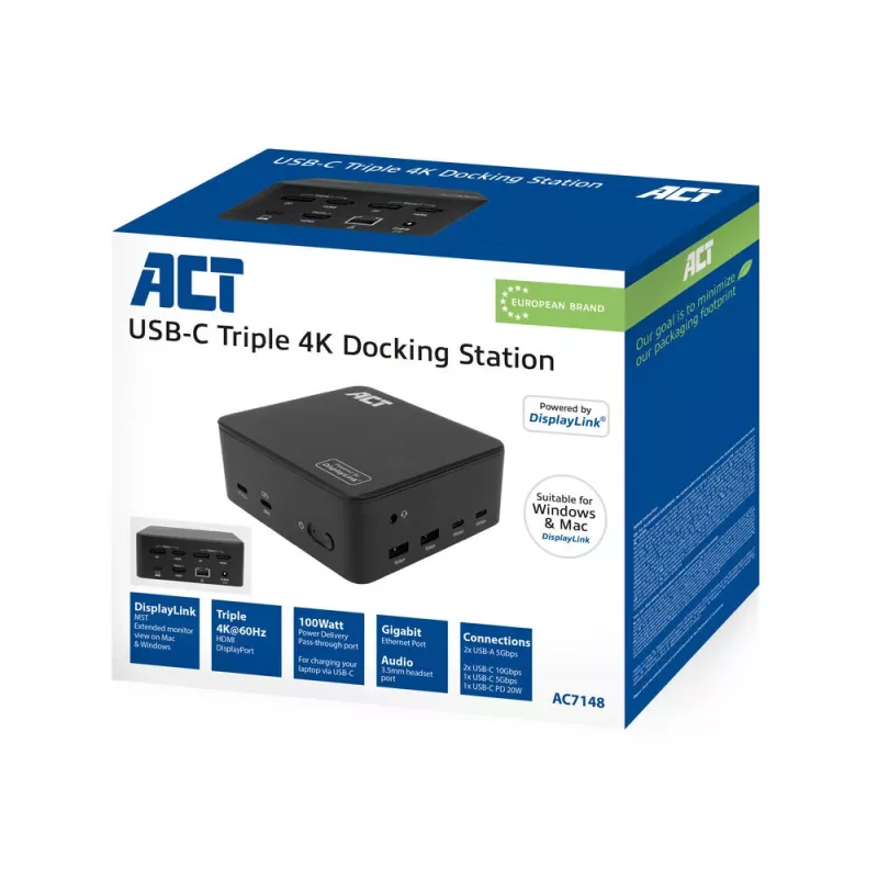 ACT Universal USB-C Dock 4K, 3 HDMI/DisplayPort monitorams, DisplayLink