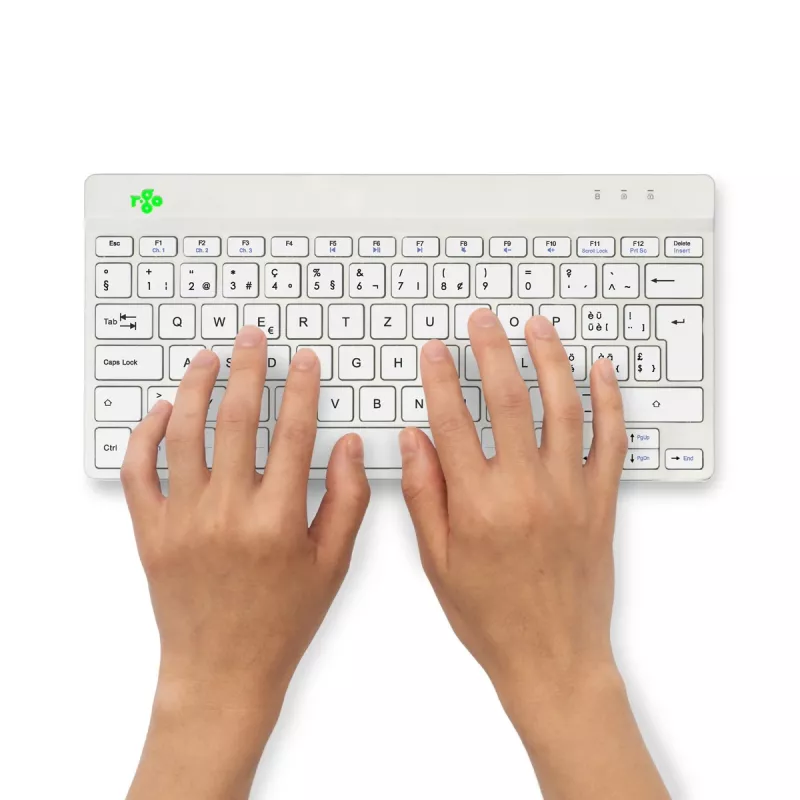 R-Go Tools ergonominė klaviatūra R-Go Compact Break, kompaktiška klaviatūra su pertraukų programine įranga, QWERTZ (CH), Bluetooth, balta