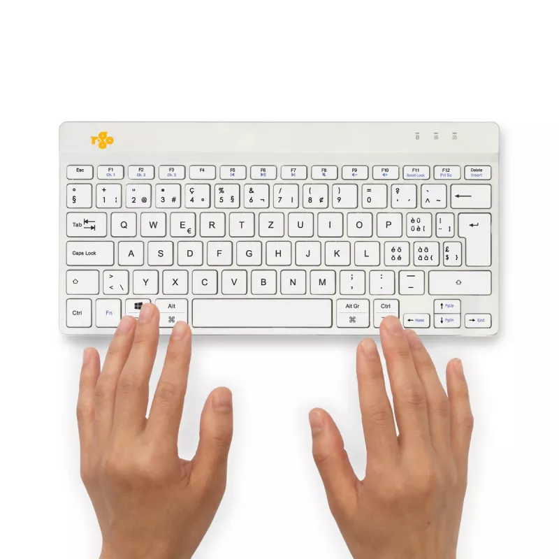 R-Go Tools ergonominė klaviatūra R-Go Compact Break, kompaktiška klaviatūra su pertraukų programine įranga, QWERTZ (CH), Bluetooth, balta