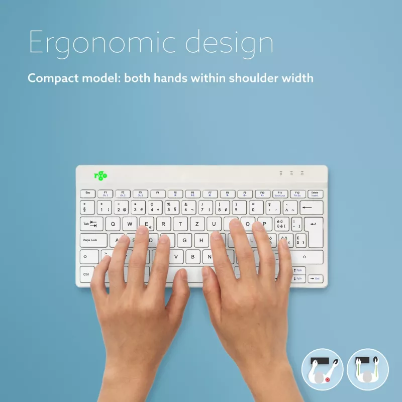 R-Go Tools ergonominė klaviatūra R-Go Compact Break, kompaktiška klaviatūra su pertraukų programine įranga, QWERTZ (CH), Bluetooth, balta