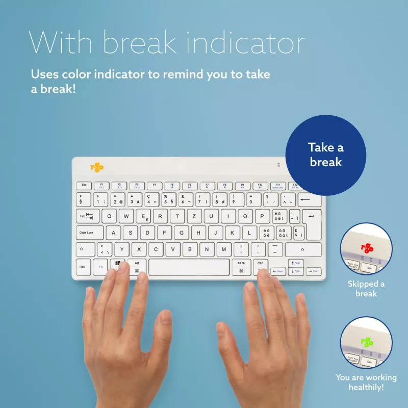 R-Go Tools ergonominė klaviatūra R-Go Compact Break, kompaktiška klaviatūra su pertraukų programine įranga, QWERTZ (CH), Bluetooth, balta
