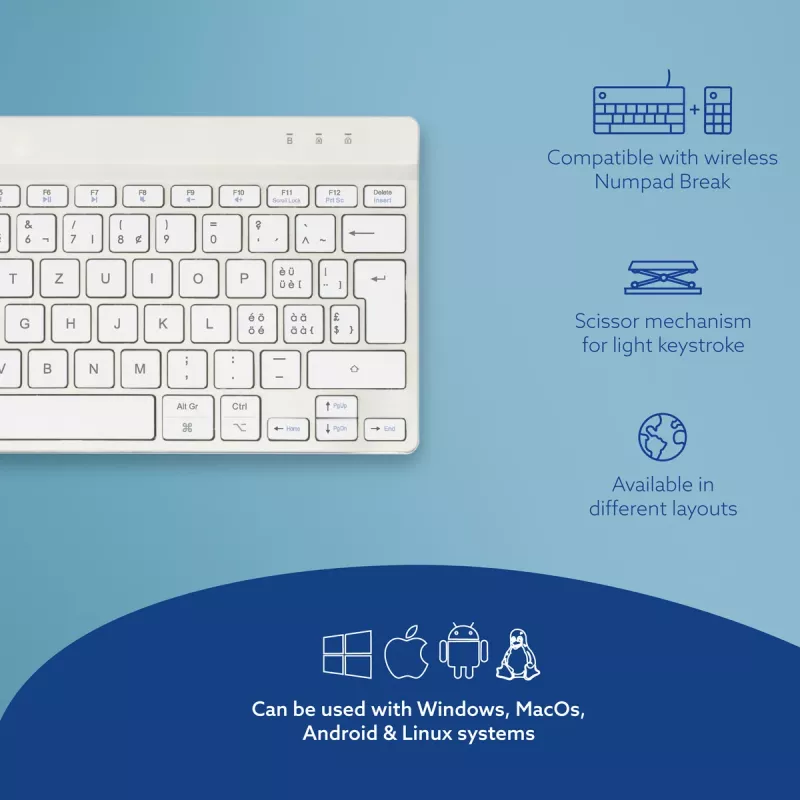 R-Go Tools ergonominė klaviatūra R-Go Compact Break, kompaktiška klaviatūra su pertraukų programine įranga, QWERTZ (CH), Bluetooth, balta
