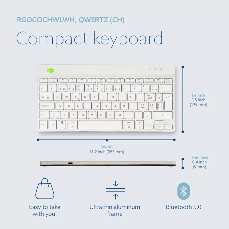 R-Go Tools ergonominė klaviatūra R-Go Compact Break, kompaktiška klaviatūra su pertraukų programine įranga, QWERTZ (CH), Bluetooth, balta