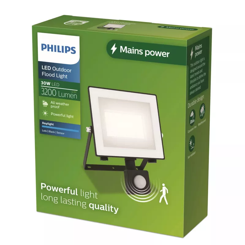 Sieninis lauko šviestuvas Philips Lois 30W LED, juodas, metalinis korpusas, 220-240V, nekeičiamas LED