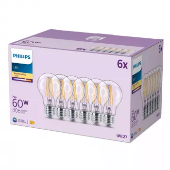 Philips Filament lemputė skaidri 60 W A60 E27 x6, 7 W, 60 W, E27, 806 lm, 15000 h