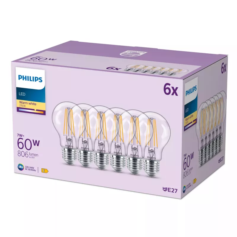 Philips Filament lemputė skaidri 60 W A60 E27 x6, 7 W, 60 W, E27, 806 lm, 15000 h