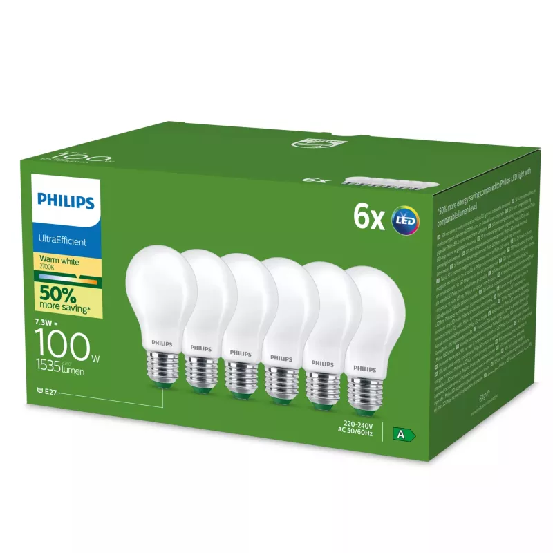 Philips Ultra Efficient LED lempa E27 A60, 7,3 W (atitinka 100 W), 2700 K, 6 vnt. paketas
