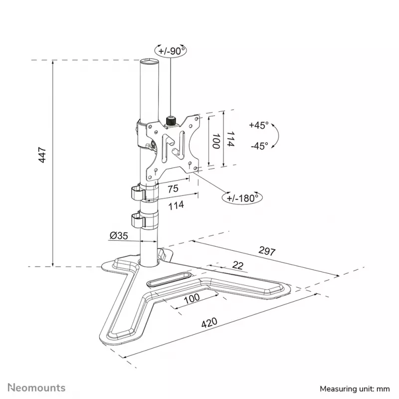 Neomounts DS45-600BL1 vieno monitoriaus stovas, 10–32 colių, VESA 75x75–100x100, max 9 kg, laisvai pastatomas, juodas