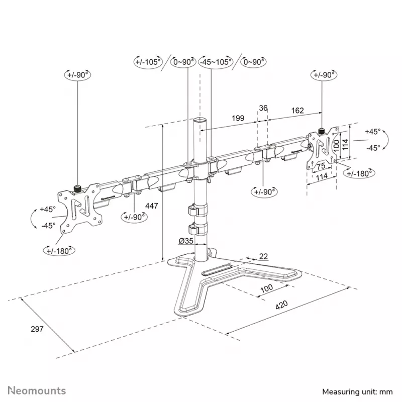 Dvigubas monitorių stovas Neomounts DS45-600BL2 10–32 colių ekranams, 2 ekranai, max 6 kg, VESA 75x75–100x100, laisvai pastatomas, juodas