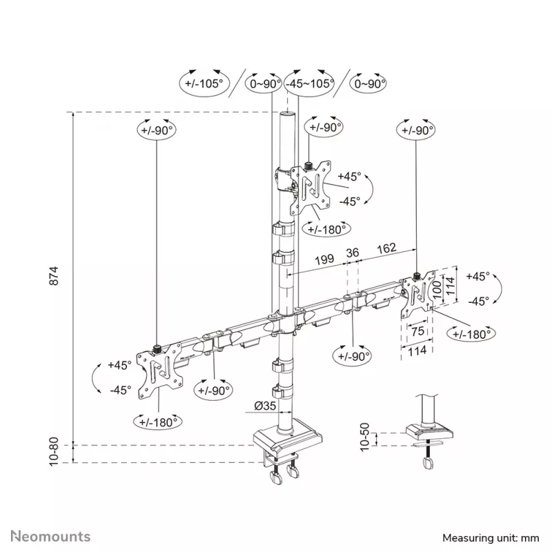 Neomounts DS60-600BL2-1 Trigubas monitoriaus laikiklis 10-32 colių, Gnybtas/Gromet, 9 kg, 25.4 cm (10 col.), 81.3 cm (32 col.), 100 x 100 mm, Juoda