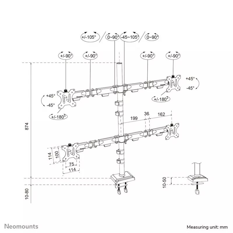 Keturių monitorių laikiklis Neomounts DS60-600BL2-2 10–32 colių ekranams, VESA 75x75–100x100, max 8 kg, spaustuvas/gręžtuvas, juodas