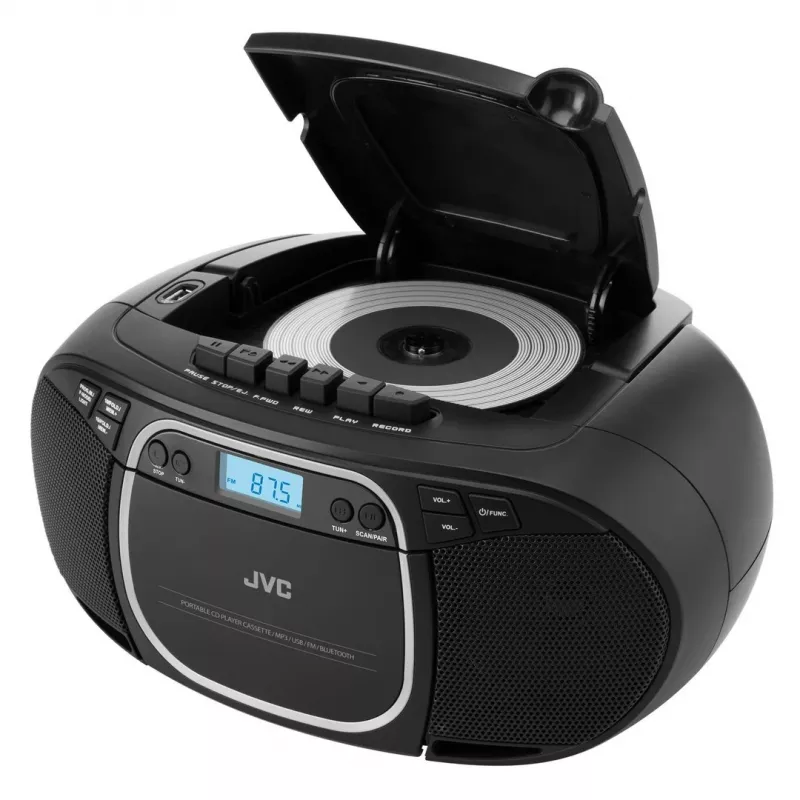Nešiojamas CD grotuvas JVC RC-E451B Juodas — CD/MP3, Bluetooth, FM 87.5–108 MHz, USB, AUX, 3.2W RMS