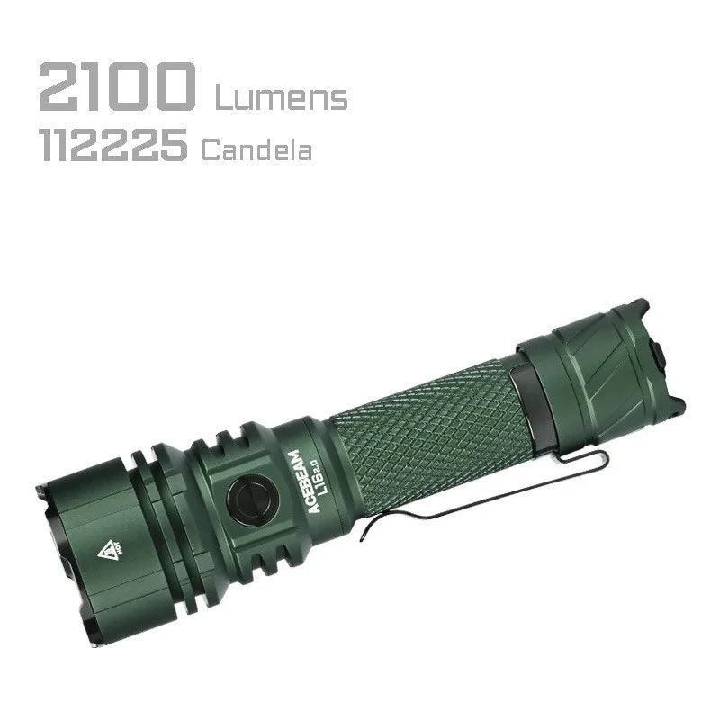 Rankinis žibintuvėlis AceBeam L16 2.0 Green – įkraunamas 21700 Li‑Ion, 5000 mAh, iki 2100 lm, IP68, 7 šviesos lygių