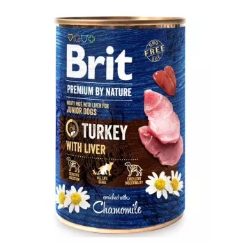 Šlapias šunų ėdalas Brit Premium by Nature Junior — kalakutiena su kepenėlėmis, 400 g, skardinė, 78% drėgmės