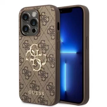 GUESS Dėklas GUHCP15L4GMGBR iPhone 15 Pro 6,1 inch rudas, kietas dėklas su dideliu metaliniu logotipu