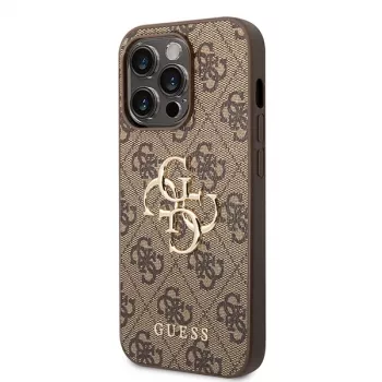 GUESS Dėklas GUHCP15L4GMGBR iPhone 15 Pro 6,1 inch rudas, kietas dėklas su dideliu metaliniu logotipu