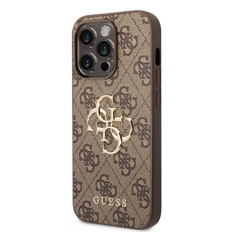 GUESS Dėklas GUHCP15L4GMGBR iPhone 15 Pro 6,1 inch rudas, kietas dėklas su dideliu metaliniu logotipu