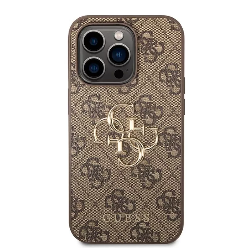 GUESS Dėklas GUHCP15L4GMGBR iPhone 15 Pro 6,1 inch rudas, kietas dėklas su dideliu metaliniu logotipu