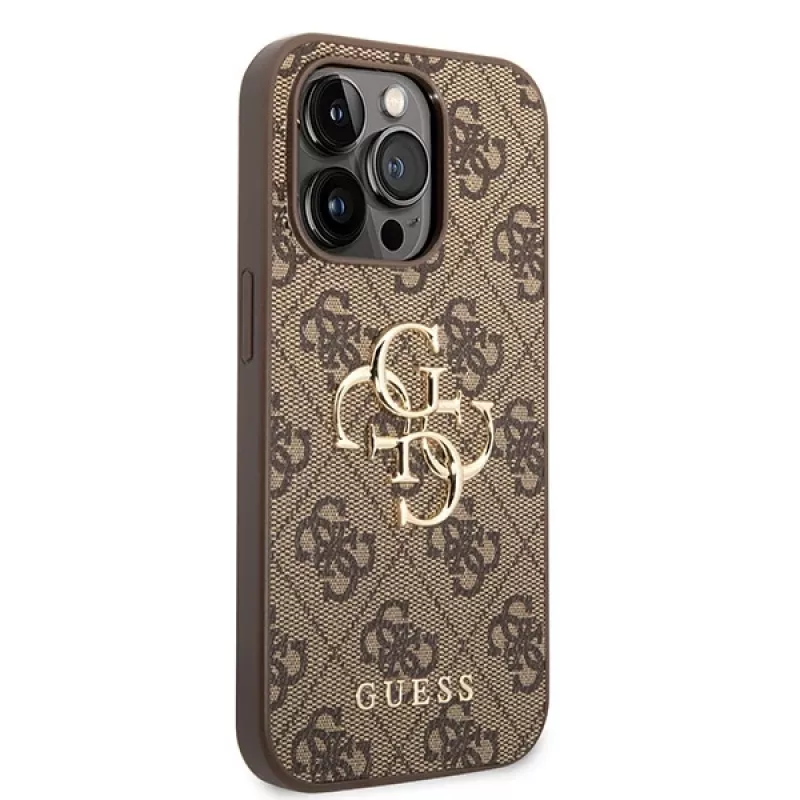 GUESS Dėklas GUHCP15L4GMGBR iPhone 15 Pro 6,1 inch rudas, kietas dėklas su dideliu metaliniu logotipu