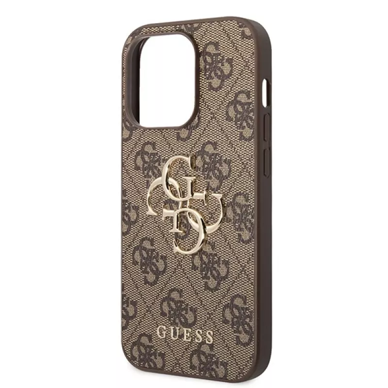 GUESS Dėklas GUHCP15L4GMGBR iPhone 15 Pro 6,1 inch rudas, kietas dėklas su dideliu metaliniu logotipu