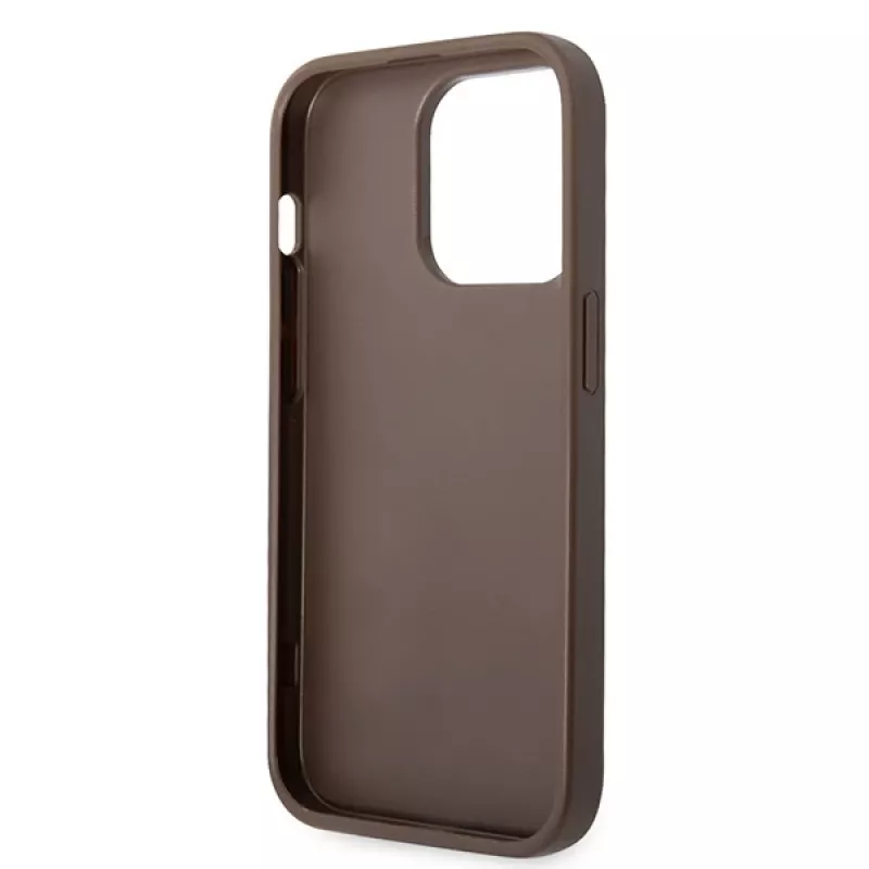 GUESS Dėklas GUHCP15L4GMGBR iPhone 15 Pro 6,1 inch rudas, kietas dėklas su dideliu metaliniu logotipu