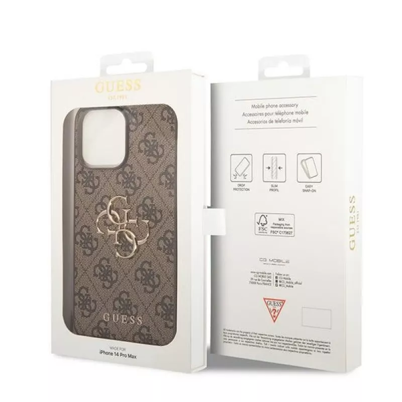 GUESS Dėklas GUHCP15L4GMGBR iPhone 15 Pro 6,1 inch rudas, kietas dėklas su dideliu metaliniu logotipu