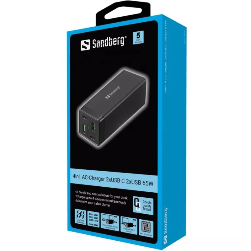 SANDBERG Maitinimo blokas - 65 W - 3,25 A - PD, QC - 4 išėjimo prievadai (2 x USB, 2 x USB-C)