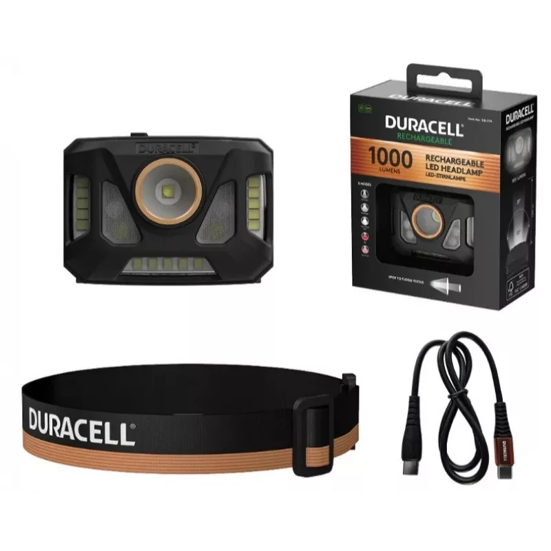 Priekinė lemputė Duracell DH1000R – juoda/oranžinė, įkraunamas laisvų rankų apšvietimas
