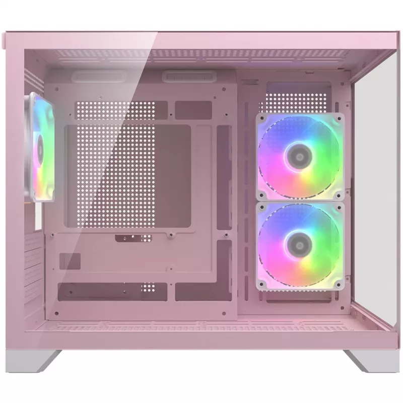 Mini bokso korpusas Cougar FV150 ARGB – Rožinis, palaiko 2x 120/140 mm šoninius ventiliatorius, 1x 120 mm galinį, 2.5 colio/3.5 colio kietąjį diską, 285×435×365 mm