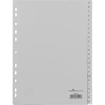Durable 650810 „Tab Index“ – A4 formatas, 24 skyriai, abėcėliniai skirtukai A–Z, polipropilenas, pilka spalva