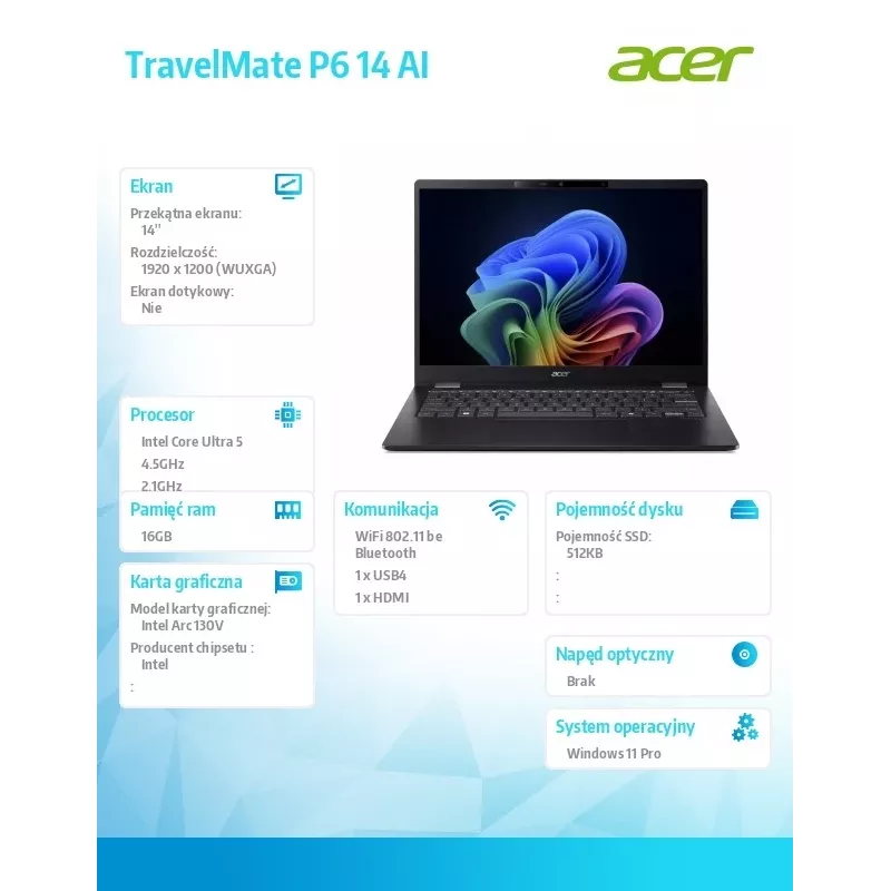 Nešiojamas kompiuteris Acer TravelMate P6 14 AI TMP614-54T, Intel Ultra 5, 16 GB RAM, 512 GB SSD, Windows 11 Pro, 226 V baterija