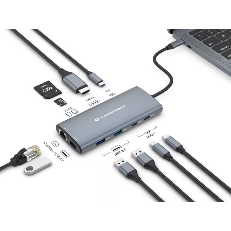 CONCEPTRONIC 10-1 Dock USB-C → HDMI / 2xUSB-C / 3xUSB-A + 20 cm pilkas