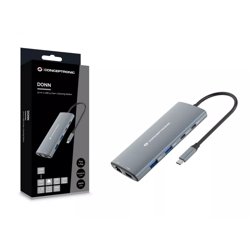 CONCEPTRONIC 10-1 Dock USB-C → HDMI / 2xUSB-C / 3xUSB-A + 20 cm pilkas