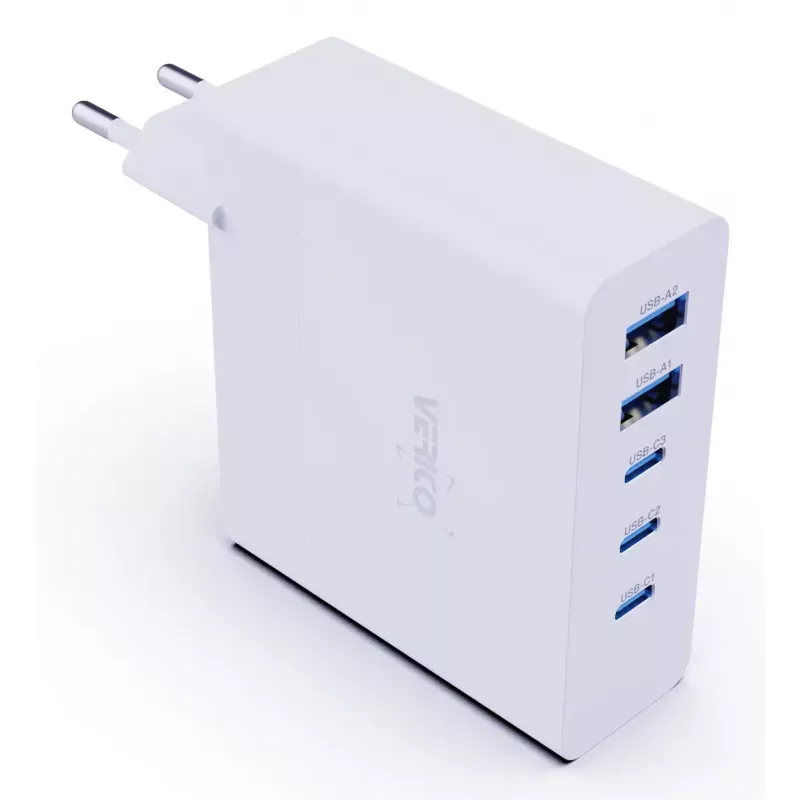 Verico MOJO GaN 140W kroviklis su 3×USB-C ir 2×USB-A prievadais, baltas